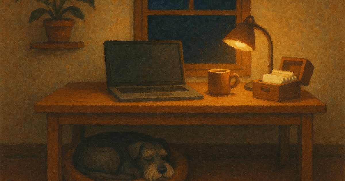 A warm home office at night, a desk lamp lighting an open laptop beside a small wooden card-index box with its lid open, a mug, a window with a night sky, and a scruffy dog asleep in a bed under the desk