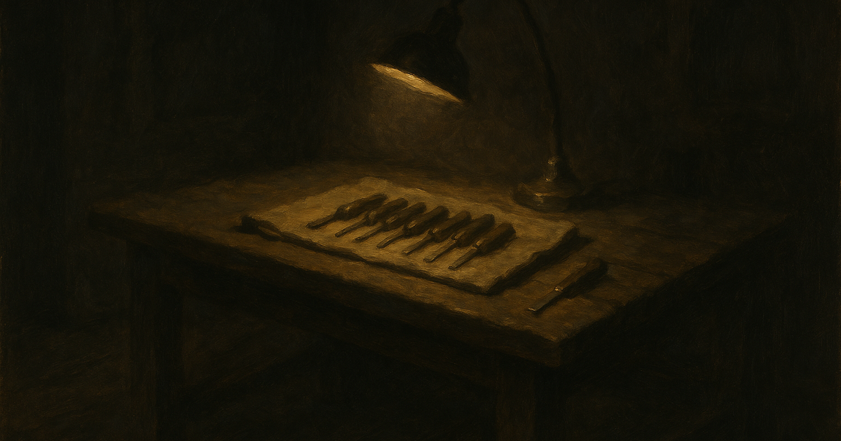 A warm charcoal workshop at night, one lamp lighting a wooden bench with a small row of hand tools laid on a cloth and one tool set apart from the row
