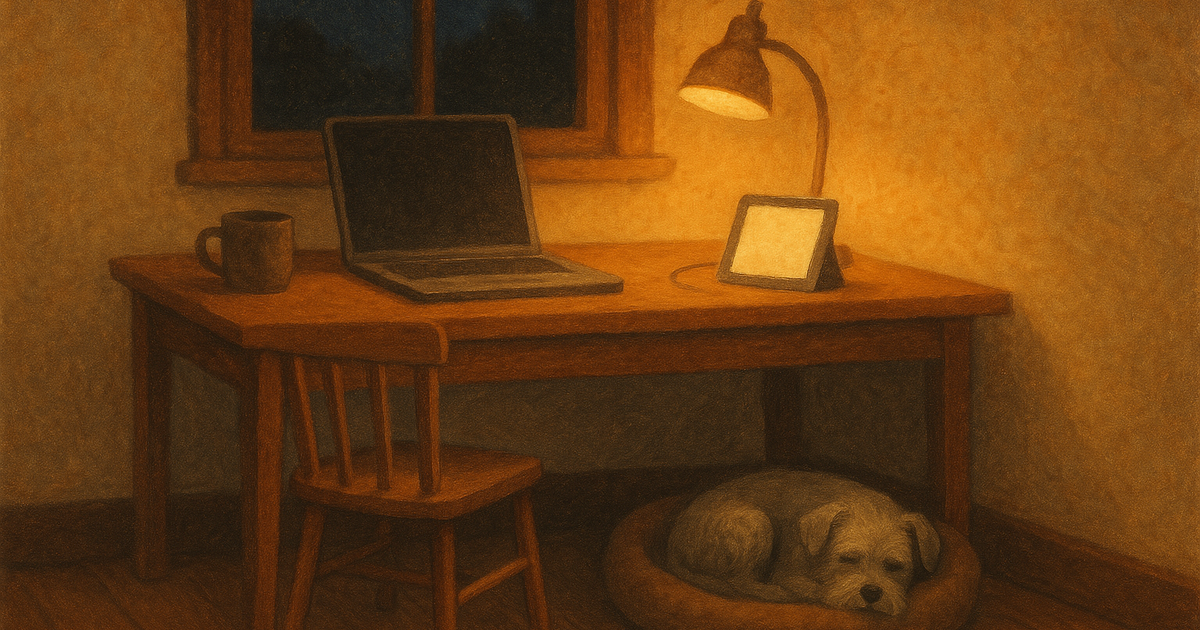 Uno studio di casa, caldo, di notte, una lampada da scrivania illumina un portatile aperto collegato con un cavo corto a un piccolo tablet su un supporto, una tazza, una finestra con il cielo notturno e un cane arruffato che dorme nella sua cuccia sotto la scrivania