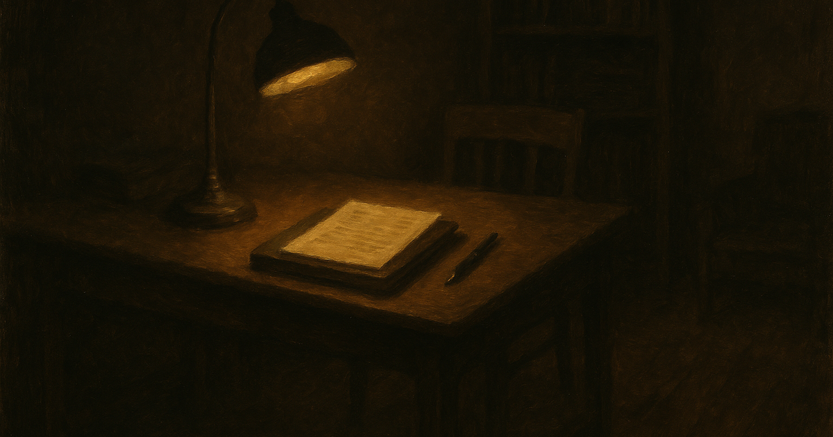 Um escritório em casa em tons quentes de carvão à noite, uma luminária de mesa ilumina uma mesa de madeira com uma única página datilografada e uma caneta sobre um caderno fechado