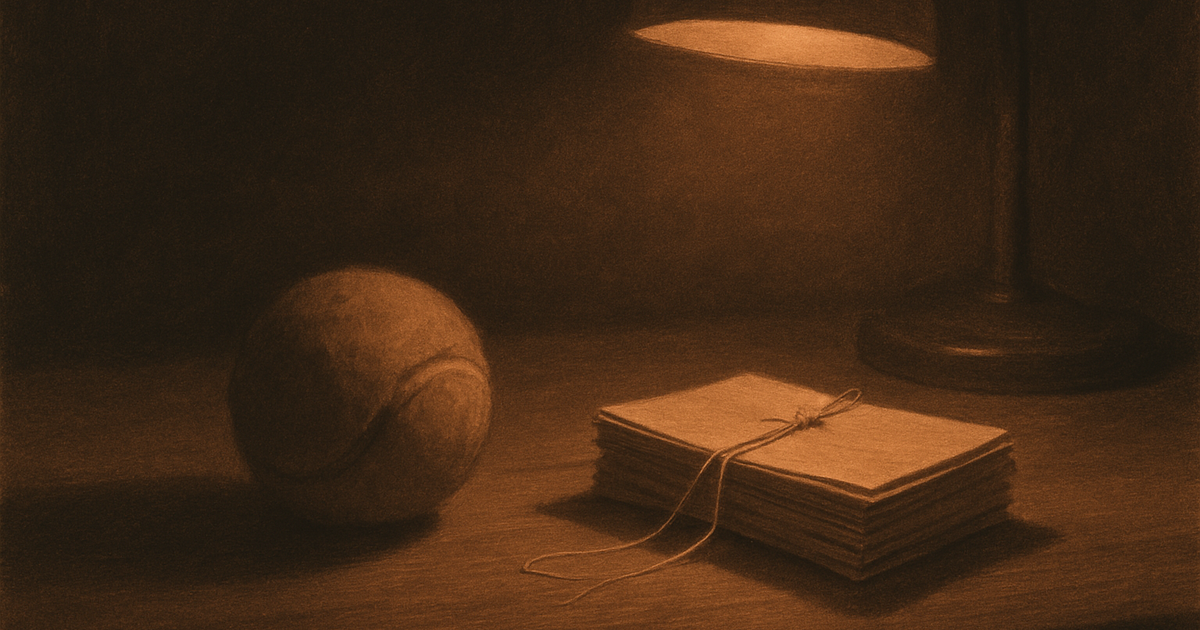 A warm charcoal desk scene with a well-worn tennis ball resting beside a small stack of index cards joined by fine threads, under soft lamp light.