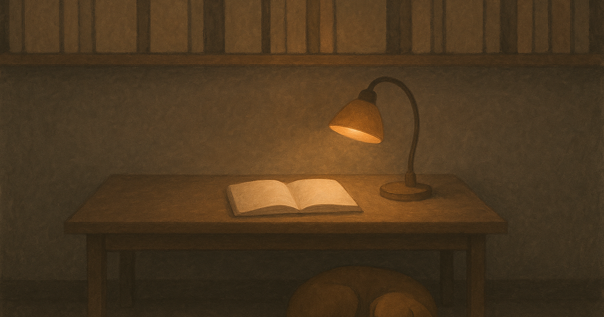 A long wooden shelf of labeled notebooks and a single open notebook under a warm desk lamp, the curled shape of a sleeping dog just visible under the desk, painted in soft charcoal and amber tones.