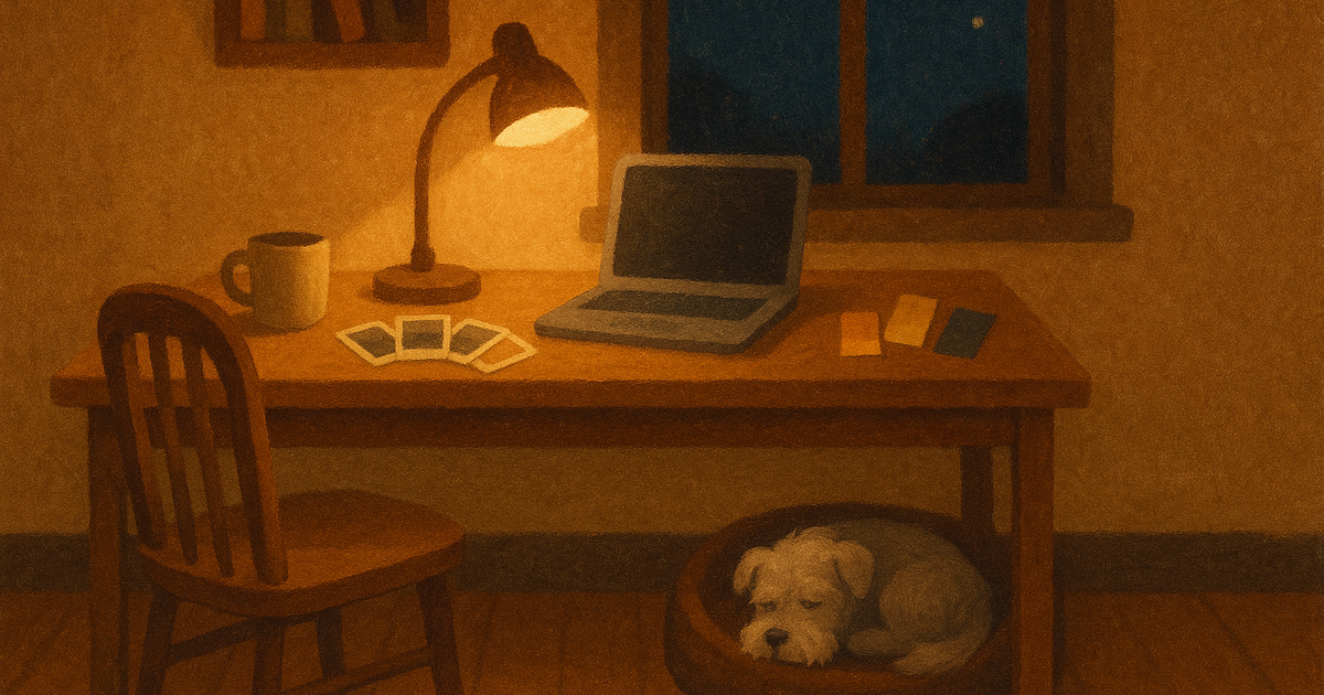Un bureau à domicile chaleureux la nuit, une lampe de bureau éclairant un ordinateur portable ouvert à côté d'un petit éventail de photographies imprimées et de quelques cartes de nuanciers, une tasse, une fenêtre sur un ciel nocturne et un chien ébouriffé endormi dans son panier sous le bureau
