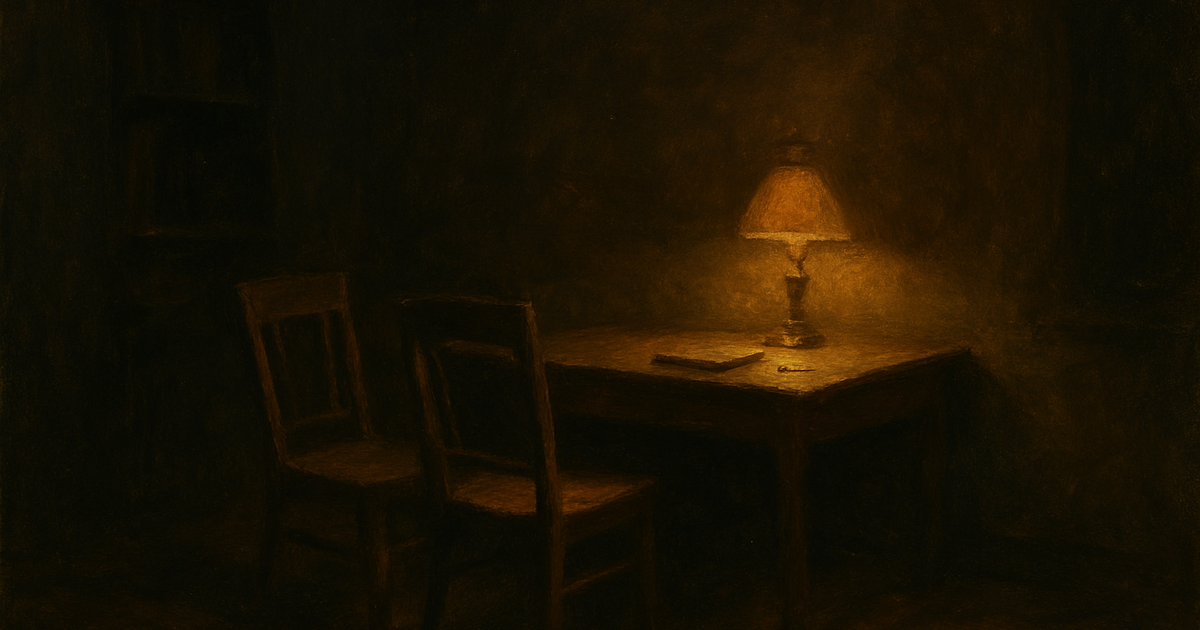 A warm charcoal home office at night, one desk lamp lighting a wooden desk with a brass key on it and two chairs, one pushed back