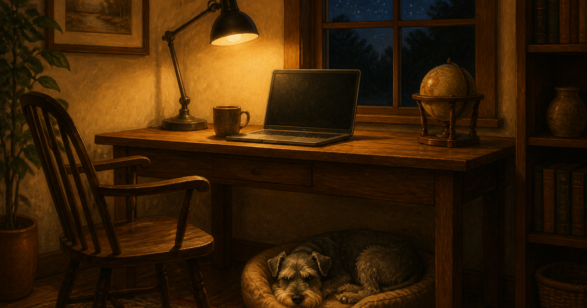 Ein warmes Homeoffice bei Nacht, eine Schreibtischlampe beleuchtet einen offenen Laptop neben einem kleinen Globus auf einem Holzständer, eine Tasse, ein Fenster mit Nachthimmel und ein zotteliger Hund, der in seinem Körbchen unter dem Schreibtisch ruht