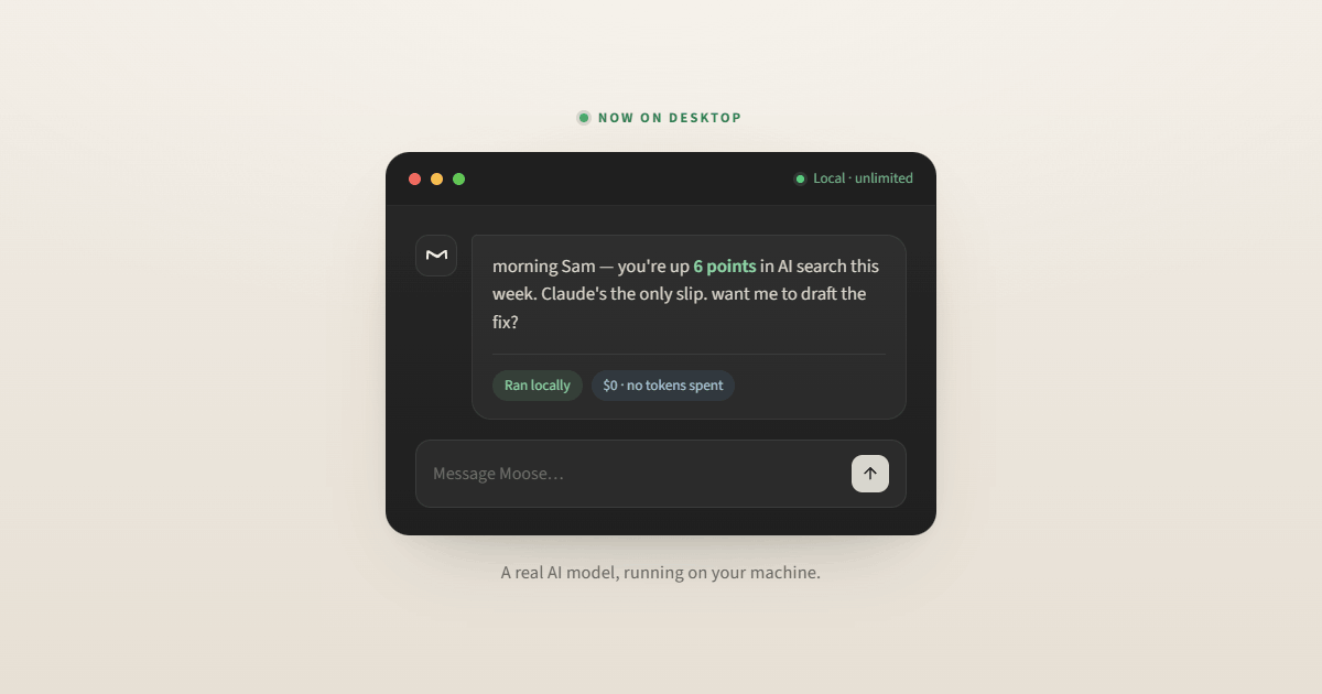 L'application de bureau Hi, Moose vous accueillant avec la mise à jour de la recherche IA de la semaine