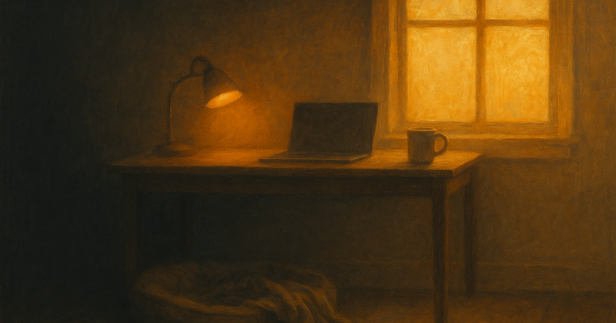 Un escritorio ordenado en una sala cálida y oscura en el momento en que se enciende una pequeña lámpara, con una suave luz matinal entrando por un lado, de modo que la mitad oscura de la escena cede paso al dorado.