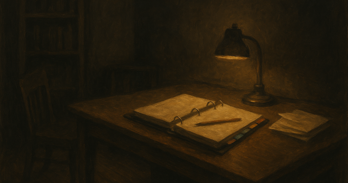 A warm charcoal home office at night, one desk lamp lighting a wooden desk with a thick open binder with tabbed dividers and a pencil resting on the page