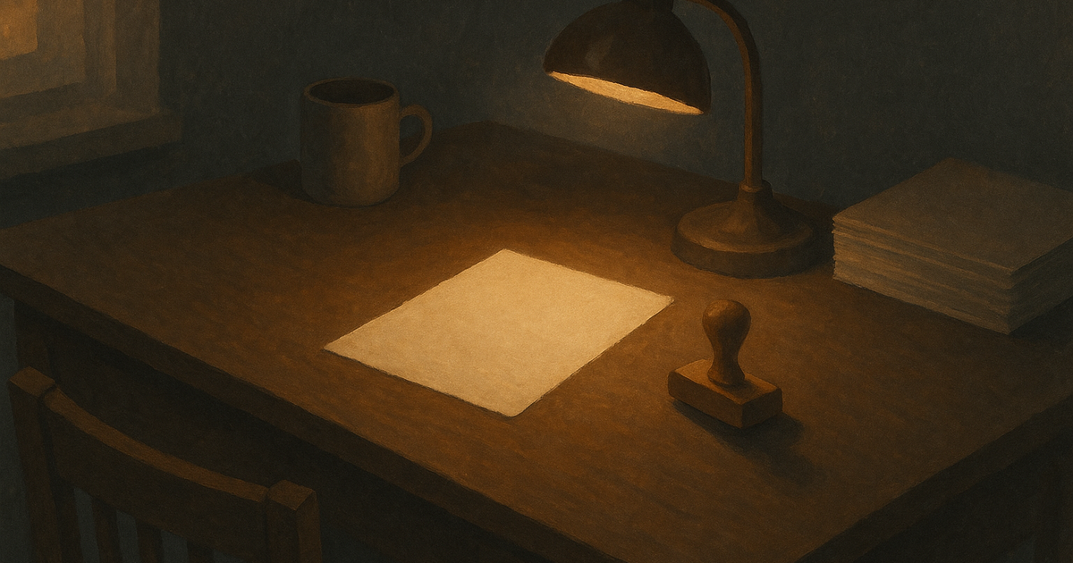 A warm charcoal desk scene with one sheet of paper under a lamp and a rubber stamp beside it, a tidy stack of identical sheets pushed into the shadow.