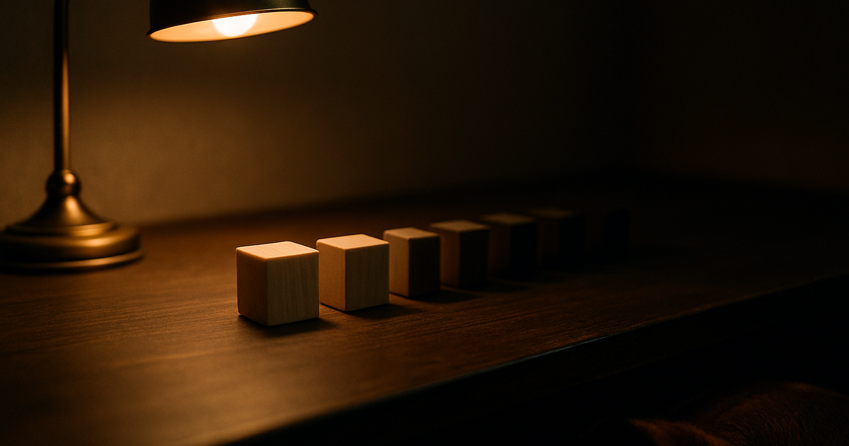 Ein Schreibtisch in warmem Anthrazit bei Nacht mit einer Reihe schlichter Holzklötze, der erste von einer Messinglampe beleuchtet, die übrigen im Schatten verschwindend