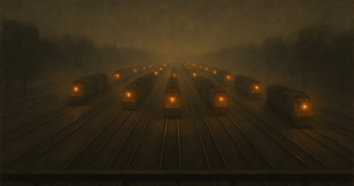 A calm rail yard at night viewed from a low bridge, ten parallel tracks stretching into the distance with warm amber headlights approaching, painted in soft charcoal and amber tones.