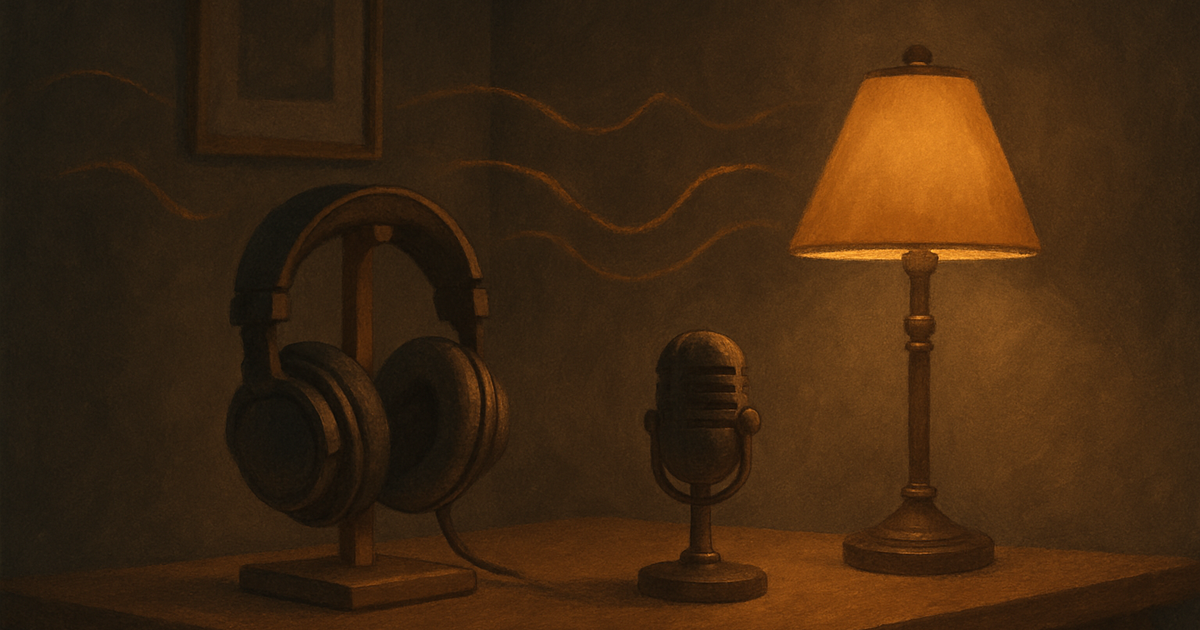 Ilustração acolhedora em tons de carvão: uma escrivaninha aconchegante, fones de ouvido em um suporte ao lado de um pequeno microfone sob a luz quente de um abajur, com suaves ondas sonoras âmbar flutuando no ar.