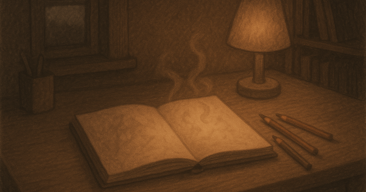 A warm charcoal illustration of a tidy desk at dusk with an open sketchbook glowing softly, colored pencils scattered beside it