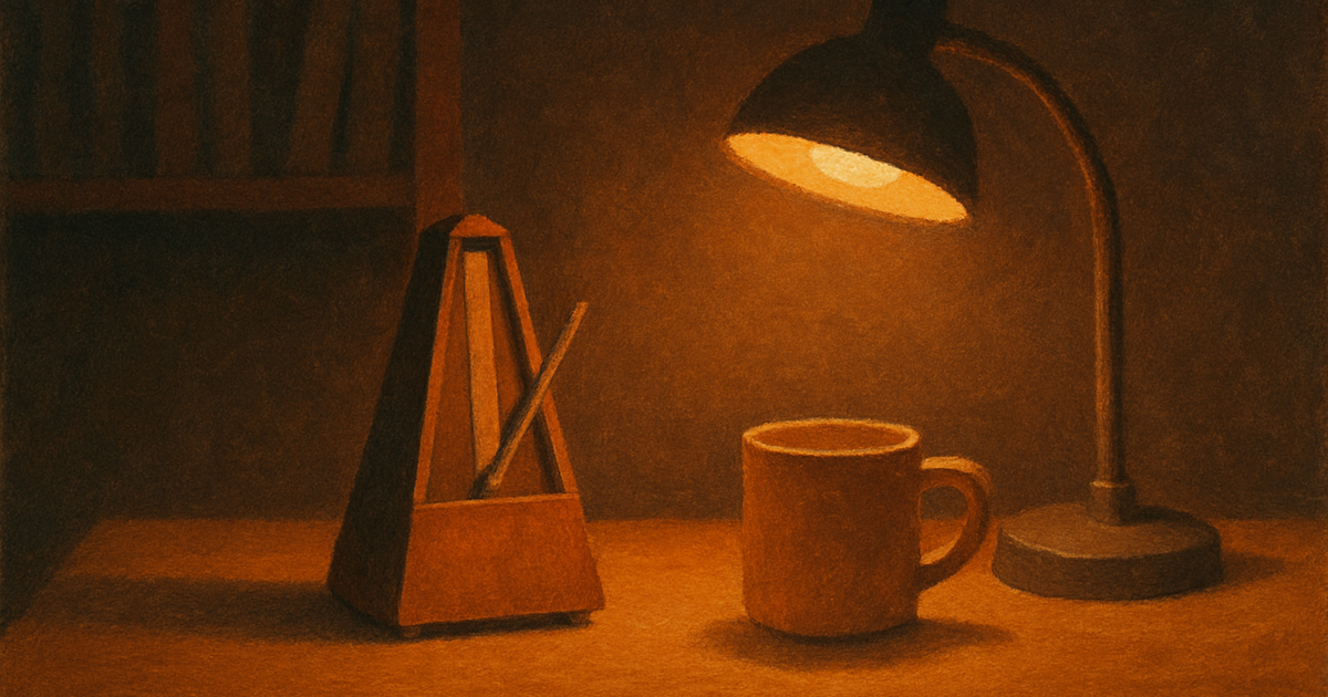 Ein kleines Holzmetronom auf einem warm-anthrazitfarbenen Schreibtisch bei Nacht, der Arm in einem langsamen Tempo ruhend, daneben eine Lampe und eine Tasse