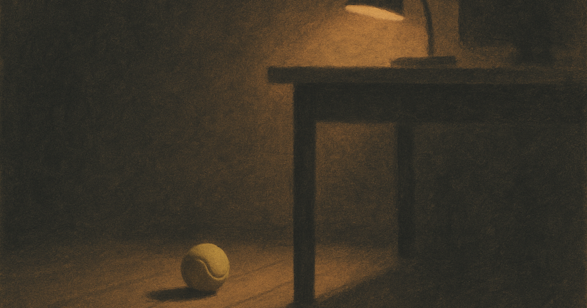 A tennis ball left untouched on the floor beside a desk in a dim, lamp-lit home office