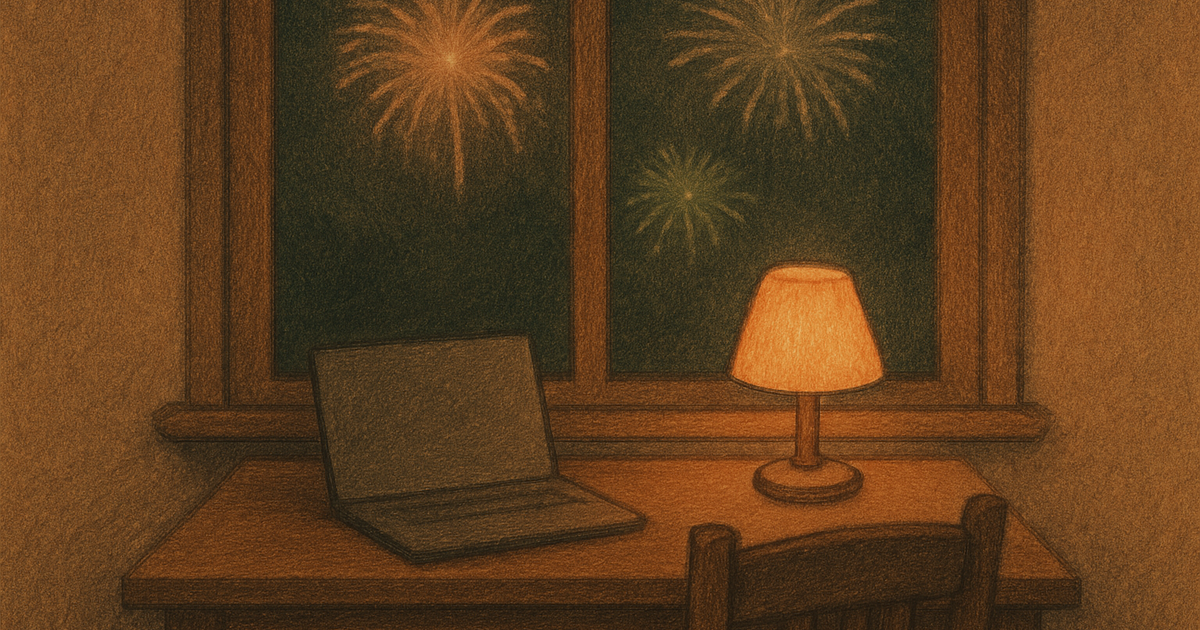 A warm charcoal desk scene at night with a laptop and a glowing lamp, and soft fireworks bursting in the dark sky through the window behind.