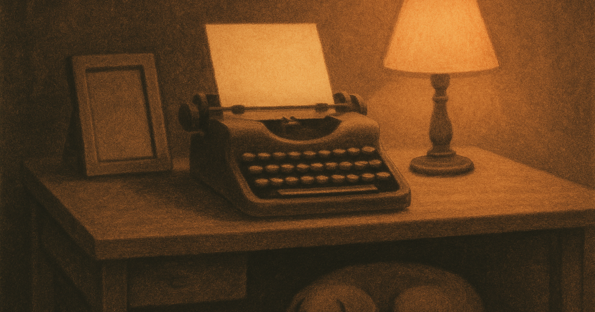 Illustration chaleureuse en gris charbon : un bureau de nuit, une machine à écrire avec une feuille neuve à côté d'un cadre photo vide, une douce lumière de lampe et un petit chien endormi sous le bureau.