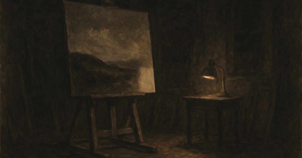 A warm charcoal studio at night with a large landscape painting nearly finished on an easel, lit by a single desk lamp