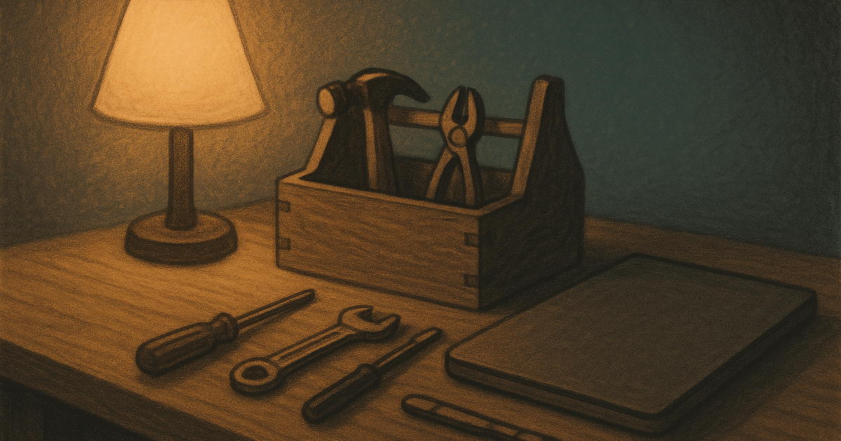 A warm charcoal desk scene with a small wooden toolbox open beside a laptop, tools neatly arranged, soft evening light.