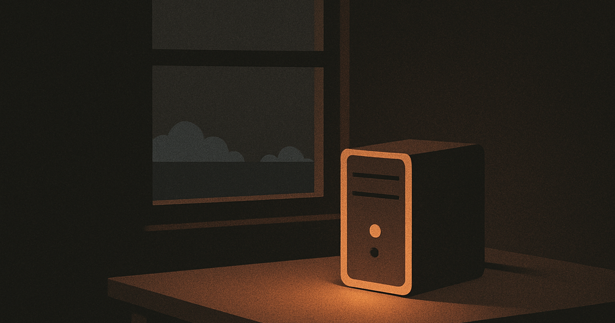 Warm illustration of a small desktop computer glowing amber on a wooden desk in a dim room, with cold blue clouds far away outside the window.