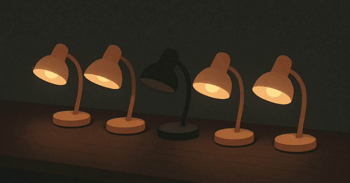 Five small desk lamps in a row on a dark wooden desk, four glowing warm amber and one still unlit.