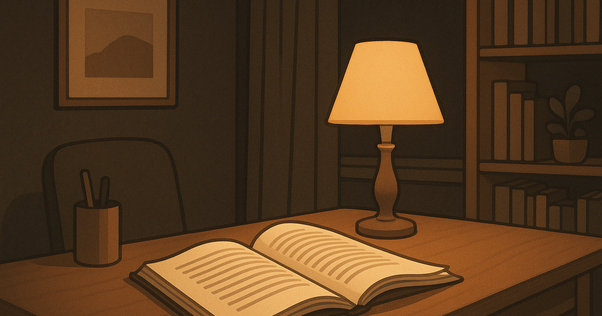 Eine Schreibtischszene in warmem Anthrazit mit einem gedruckten Report unter einer Lampe, aufgefächerte Seiten, eine umgeknickte Ecke fängt das Licht