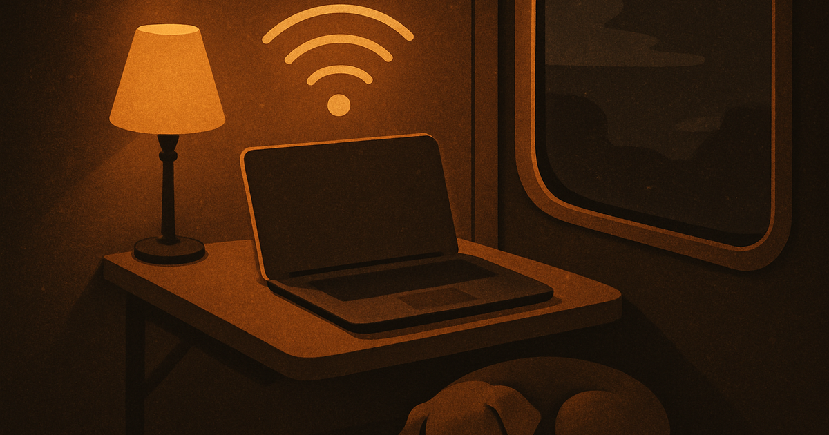 Illustration chaleureuse aux tons anthracite : un ordinateur portable fermé sur un bureau la nuit près d'une fenêtre de train, un symbole wifi dessiné en contour vide au-dessus, douce lumière de lampe et un petit chien endormi sous le bureau.