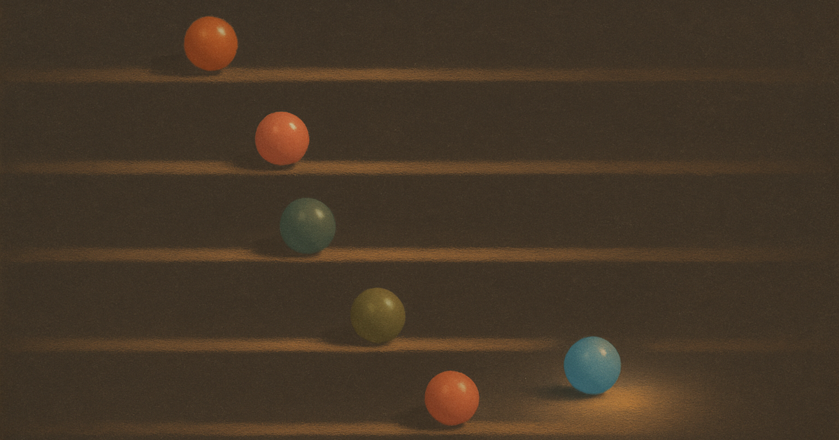 Des billes colorées posées à différents points le long de fines lignes horizontales de lumière sur un fond sombre et chaud, comme un graphique de course paisible, avec une bille bleue légèrement en tête qui brille doucement.