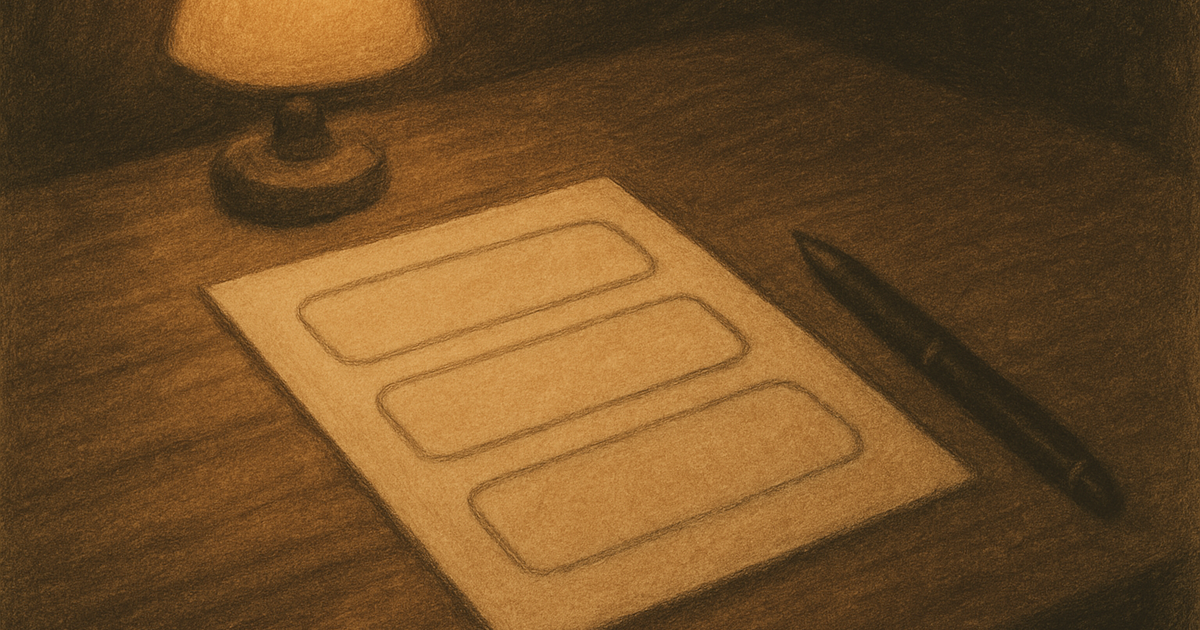 A warm charcoal desk scene with a paper form holding three empty rounded slots, a fountain pen resting beside it under soft lamp light.