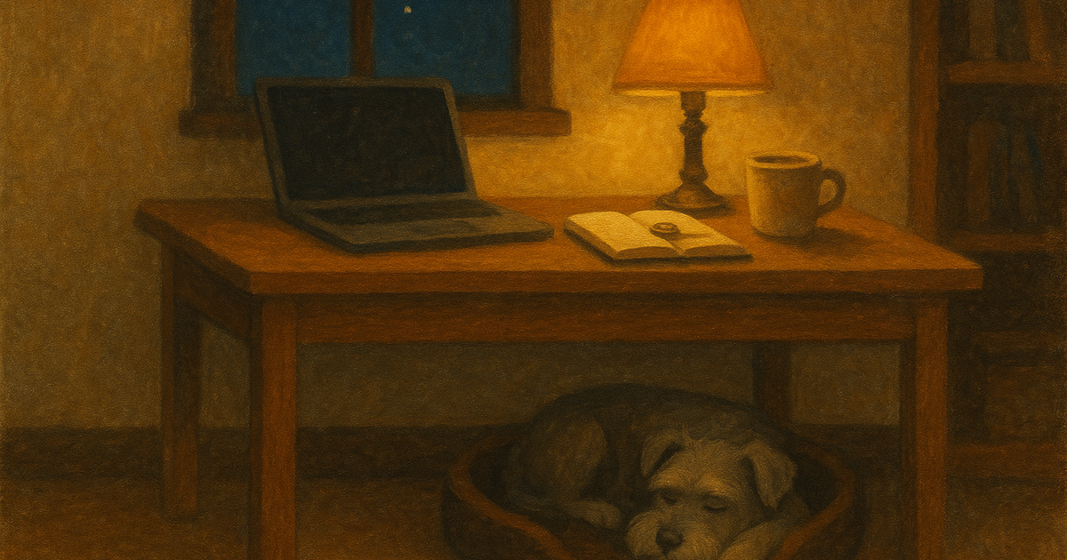 Un despacho cálido de noche, una lámpara de escritorio ilumina un portátil abierto, una taza y un cuaderno con una pequeña brújula de latón, y un perro despeinado dormido en su cama bajo la mesa