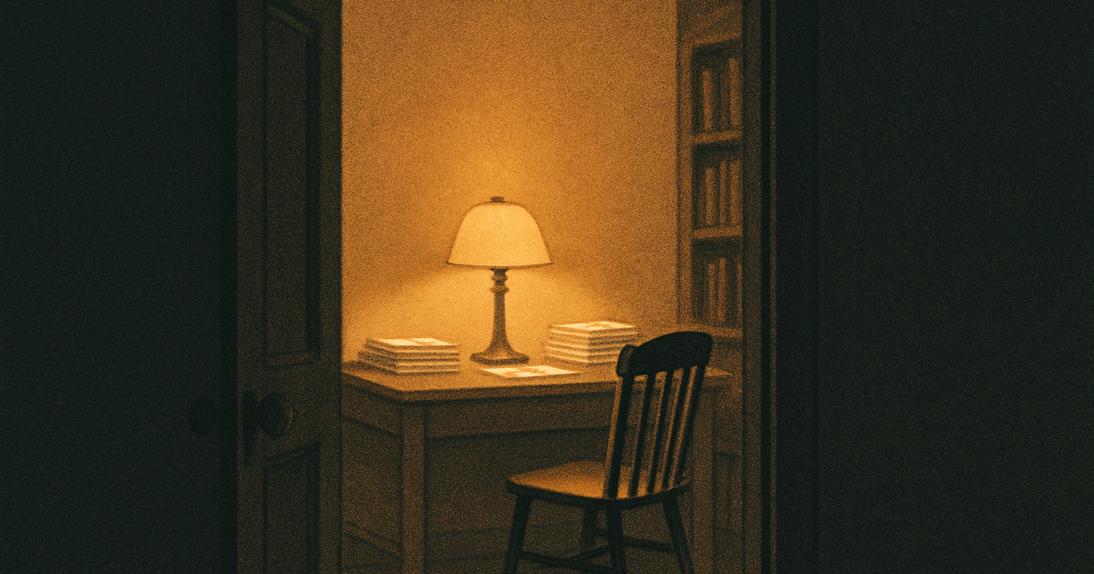Um escritório aconchegante à noite visto de uma porta aberta, uma cadeira vazia afastada de uma mesa arrumada onde uma luminária quente ilumina papéis bem empilhados, em tons de carvão e âmbar.