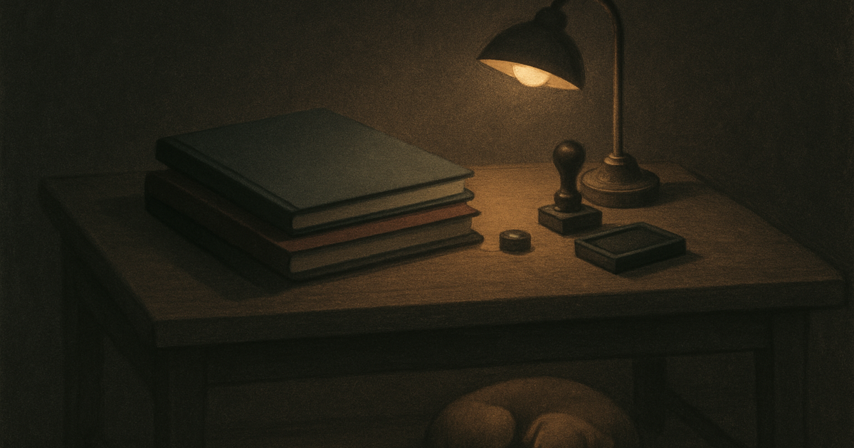 Ilustración cálida en gris carbón: un escritorio de madera de noche con una pila ordenada de carpetas de informes con portadas de distintos colores lisos, una lámpara de latón y un sello de tinta al lado, y un perro pequeño dormido bajo el escritorio.