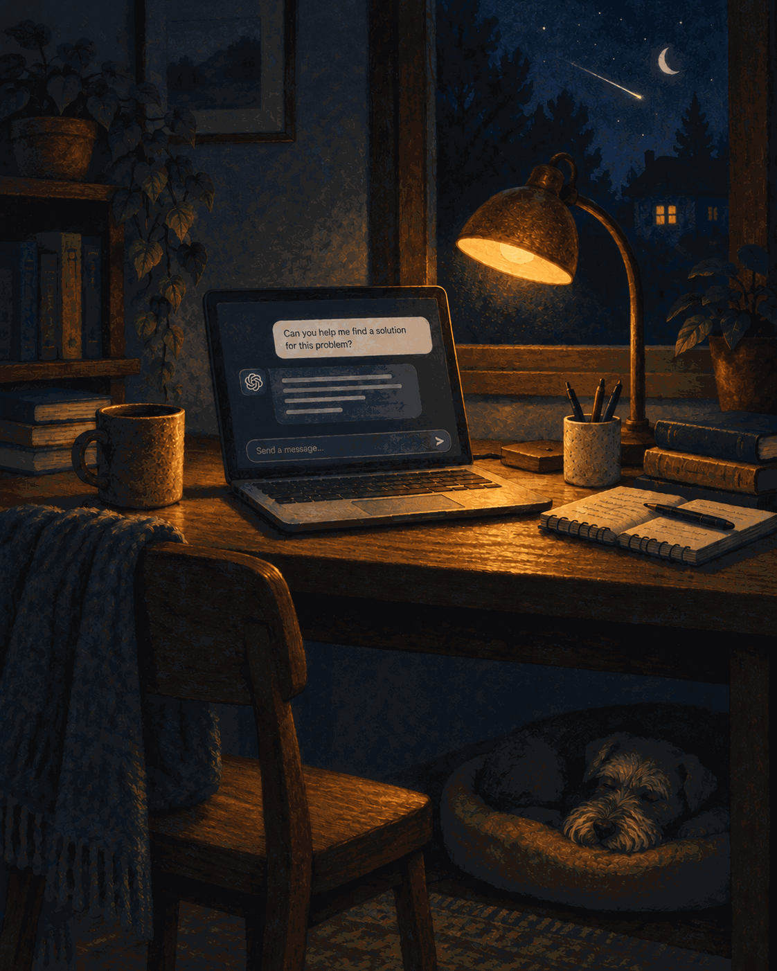 A desk at night by lamplight, the laptop showing an AI chat, a shooting star outside the window and a dog asleep under the desk