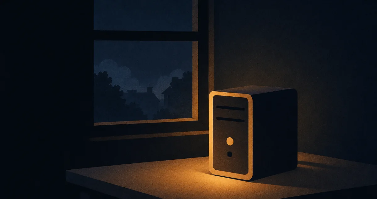 A desktop computer glowing on a desk by a window at night