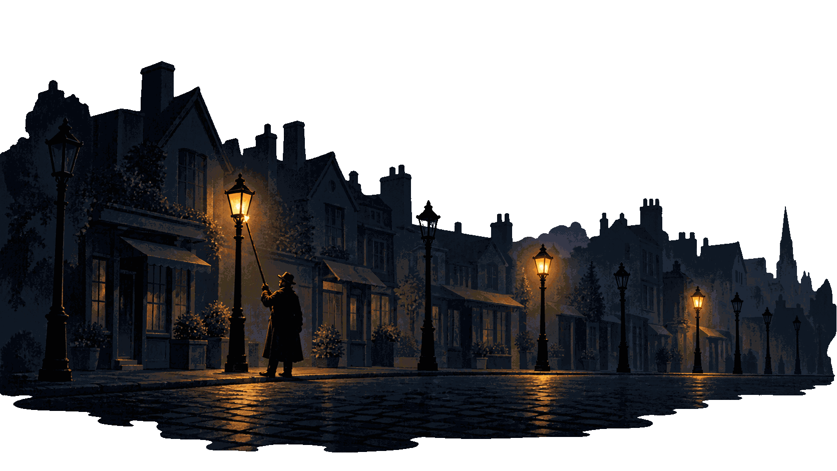 A lamplighter on a misty old street at night, with only a few lamps lit